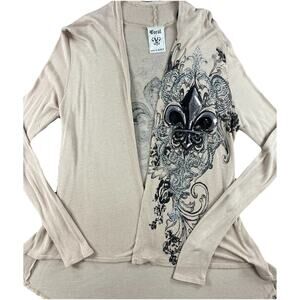 Vocal Small Y2K Open Front Cardigan Taupe Fleur De Lis Rhinestone USA